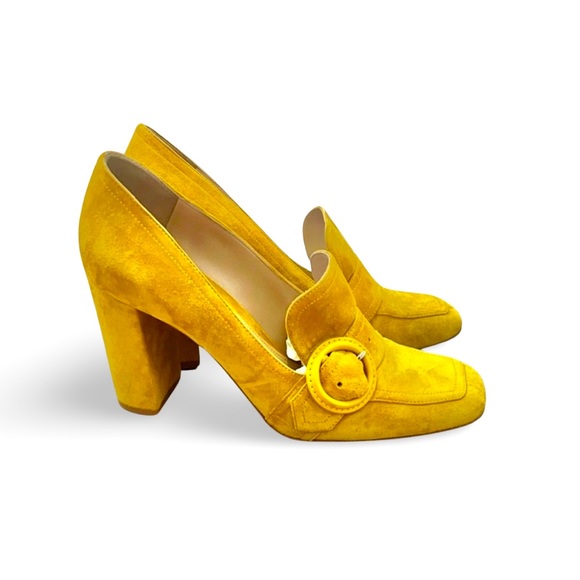 Gianvito Rossi Suede Block Heels with Buckle Gold Mustard Yellow sz 8 EU 38 EUC - Picture 9 of 9